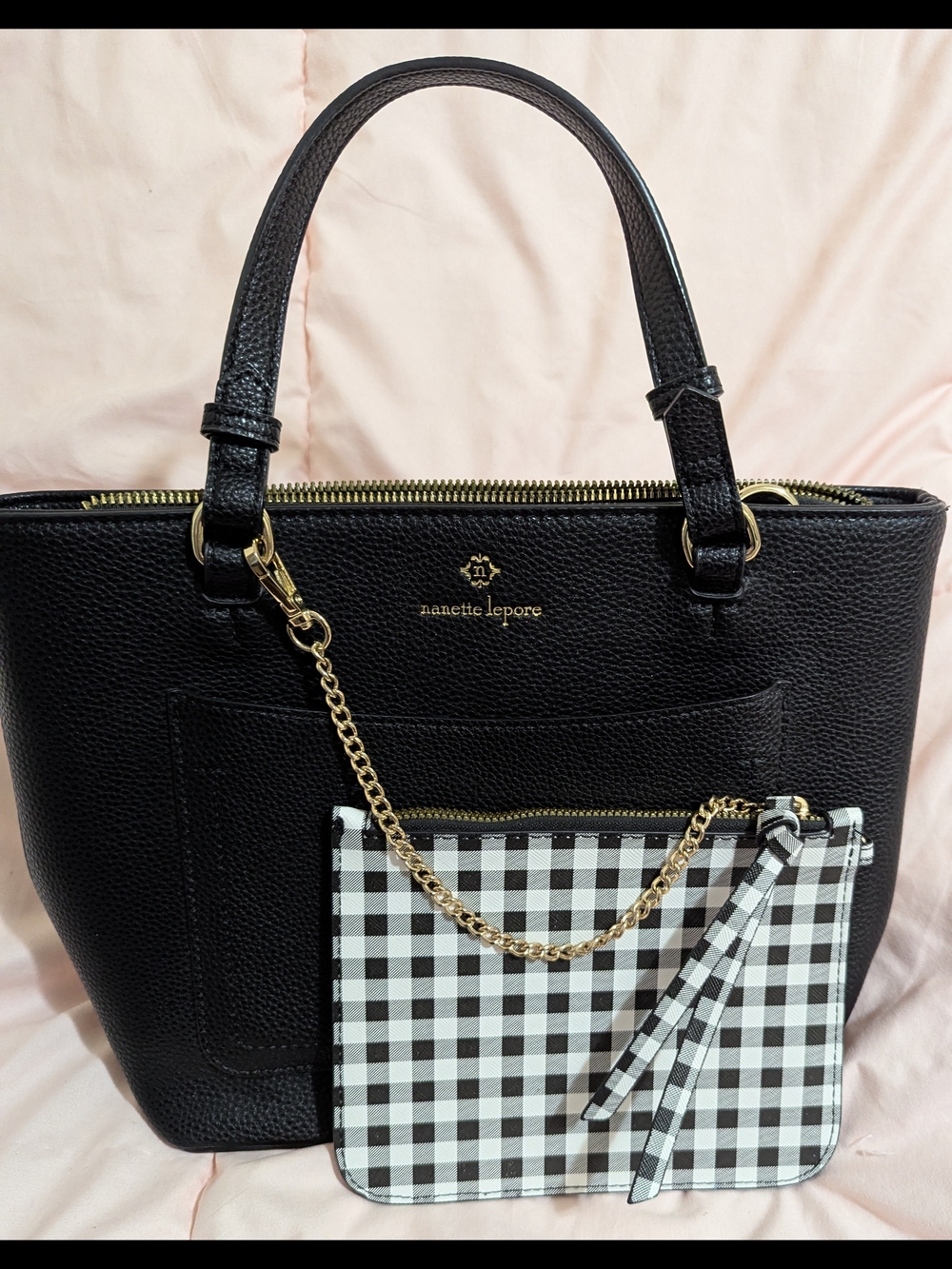 Nanette Lepore Black Leather Tote with Black-and-White Gingham Pouch